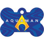 Front of bone-shaped DC Comics Aquaman dog ID tag with yellow Aquaman logo on blue wave background and top keyring hole