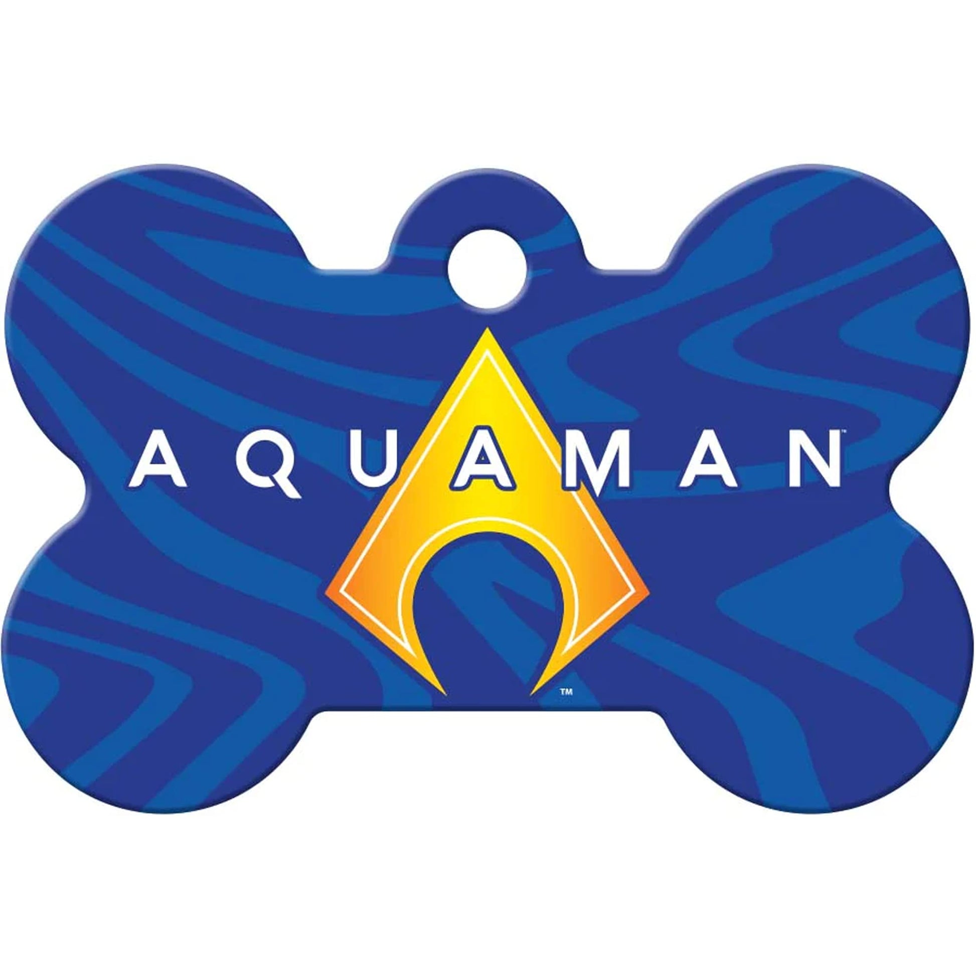 Front of bone-shaped DC Comics Aquaman dog ID tag with yellow Aquaman logo on blue wave background and top keyring hole