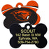 Front and back view of NCAA bone-shaped dog ID tag showcasing UV-cured team logo and engraved personalization on white