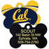 Front and back of NCAA bone-shaped dog ID tag showing Cal logo and example engraving SCOUT with phone 509-754-2760 on white