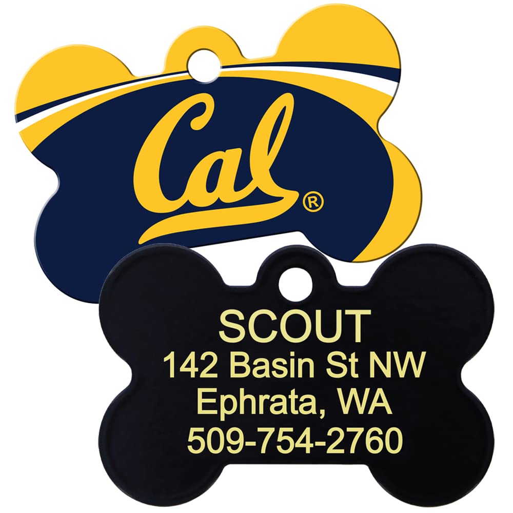 Front and back of NCAA bone-shaped dog ID tag showing Cal logo and example engraving SCOUT with phone 509-754-2760 on white
