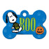 Front view of Halloween Snoopy ID tag showcasing Snoopy in a skeleton suit and green BOO on a blue bone tag with pumpkin