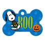 Front view of Halloween Snoopy ID tag showcasing Snoopy in a skeleton suit and green BOO on a blue bone tag with pumpkin