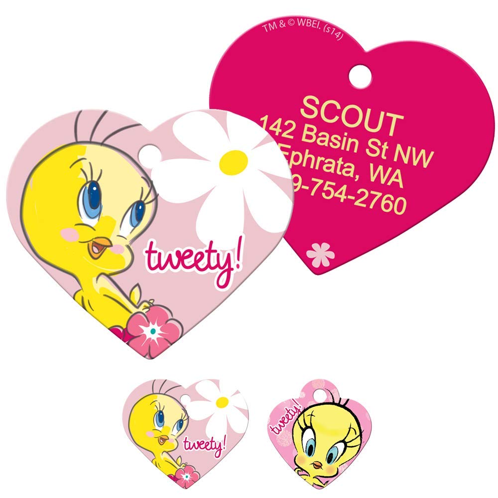 Front and back of heart-shaped Looney Tunes Tweety Bird pet ID tag showing printed front and engraved back on white background