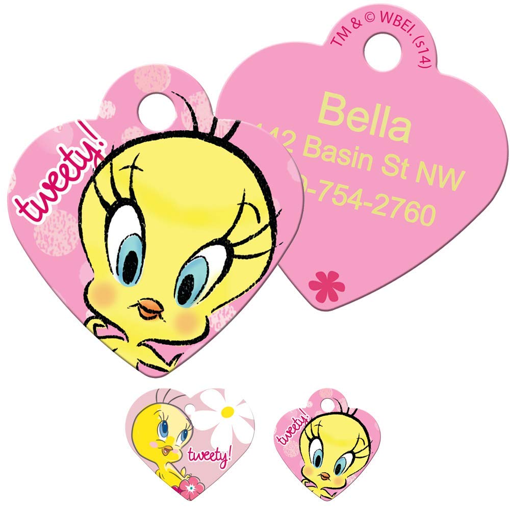 Front and back view of Looney Tunes Tweety Bird heart-shaped pet ID tag showcasing full-color Tweety illustration and sample laser-engraved name and phone on pink background