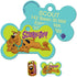 Front and back of Scooby-Doo dog ID tags showing colorful Scooby artwork on the front and sample engraved text on the back