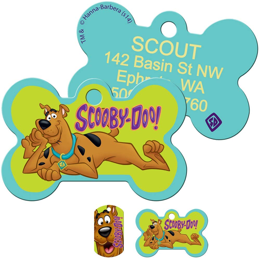 Front and back of Scooby-Doo dog ID tags showing colorful Scooby artwork on the front and sample engraved text on the back