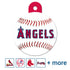 Front view of MLB Team Round Dog ID Tag showing Los Angeles Angels logo on baseball stitching with red tab, 1.25 x 1 in