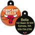 Front and back of round NBA dog ID tag with Chicago Bulls UV-cured logo on basketball front and engraved text on black back
