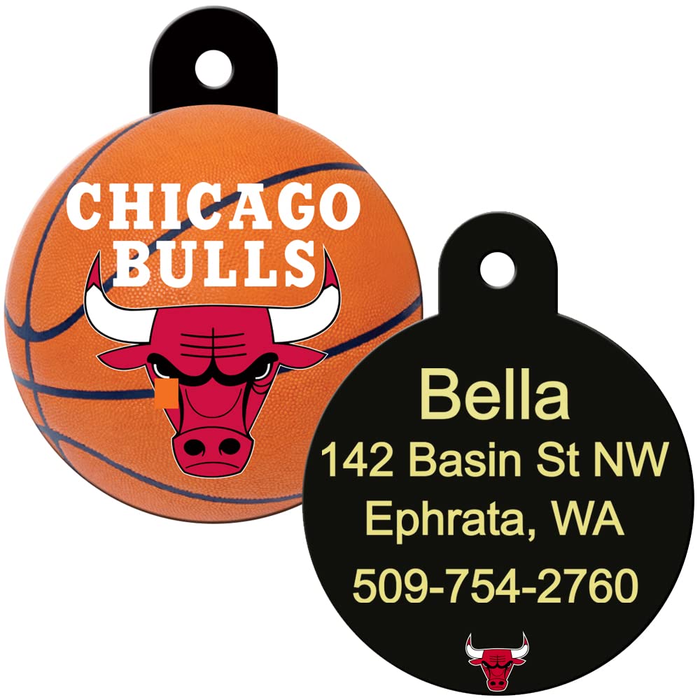 Front and back of round NBA dog ID tag with Chicago Bulls UV-cured logo on basketball front and engraved text on black back