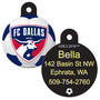 Front and back of round FC Dallas brass dog ID tag showing club crest and sample personalized laser-engraved back