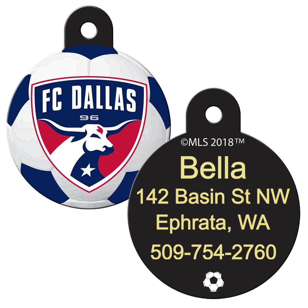 Front and back of round FC Dallas brass dog ID tag showing club crest and sample personalized laser-engraved back