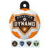 Front view of MLS Houston Dynamo round dog ID tag showcasing UV-cured club crest on orange-and-white soccer-ball design with black attachment tab