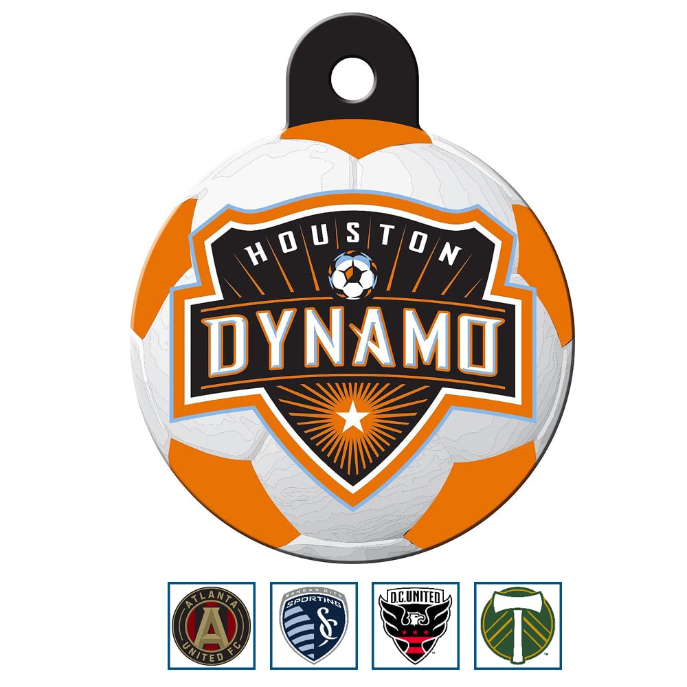 Front view of MLS Houston Dynamo round dog ID tag showcasing UV-cured club crest on orange-and-white soccer-ball design with black attachment tab