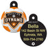Front and back of Houston Dynamo round solid brass dog ID tag showing UV-cured crest and sample laser-engraved back