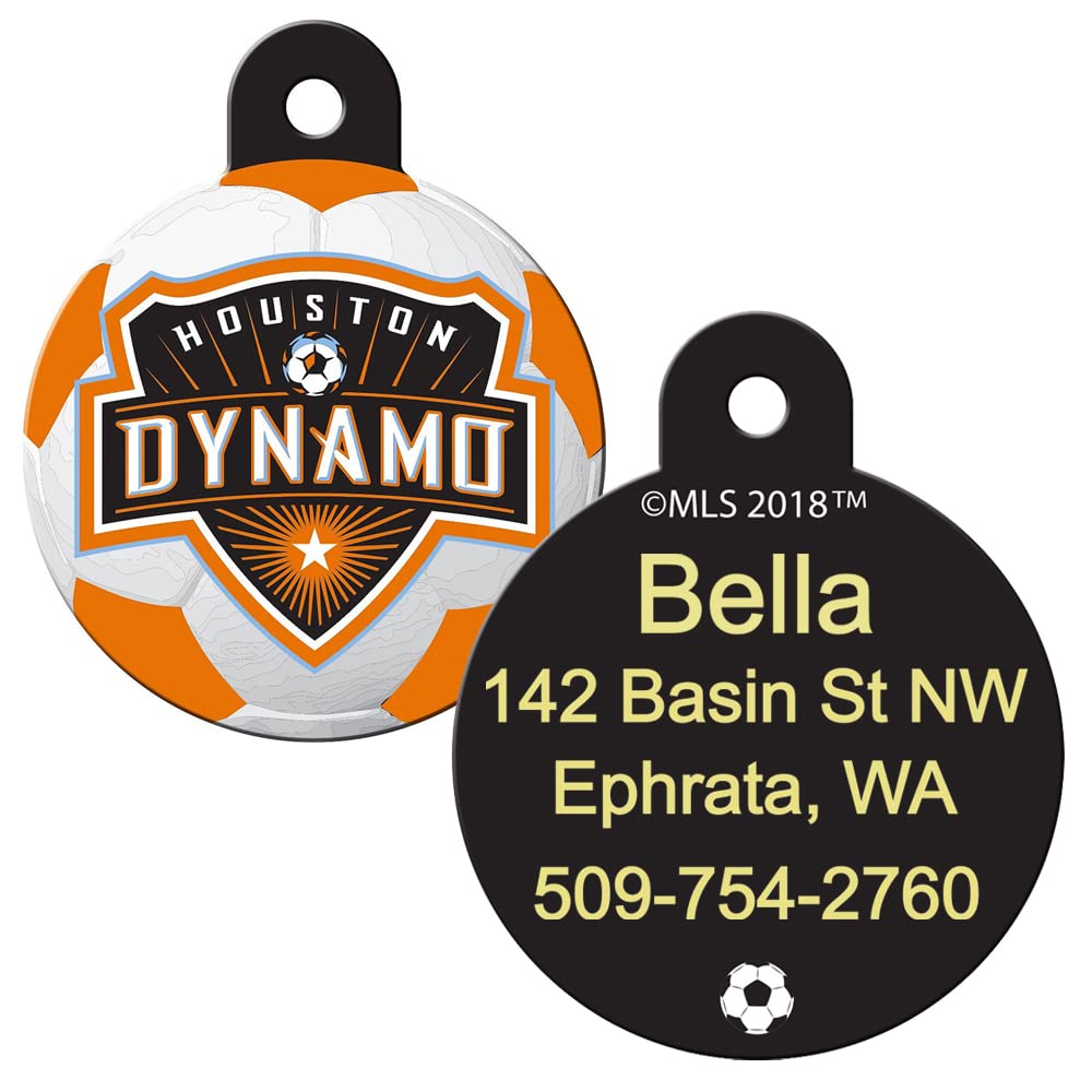 Front and back of Houston Dynamo round solid brass dog ID tag showing UV-cured crest and sample laser-engraved back