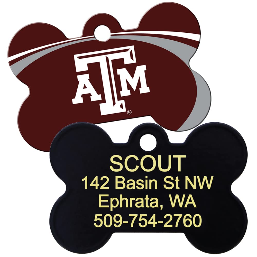 Bone-shaped NCAA dog tag showing maroon Texas A and M logo on front and black back with sample engraved name and address