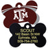 Bone-shaped NCAA dog tag showing maroon Texas A and M logo on front and black back with sample engraved name and address
