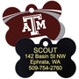 Bone-shaped NCAA dog tag showing maroon Texas A and M logo on front and black back with sample engraved name and address