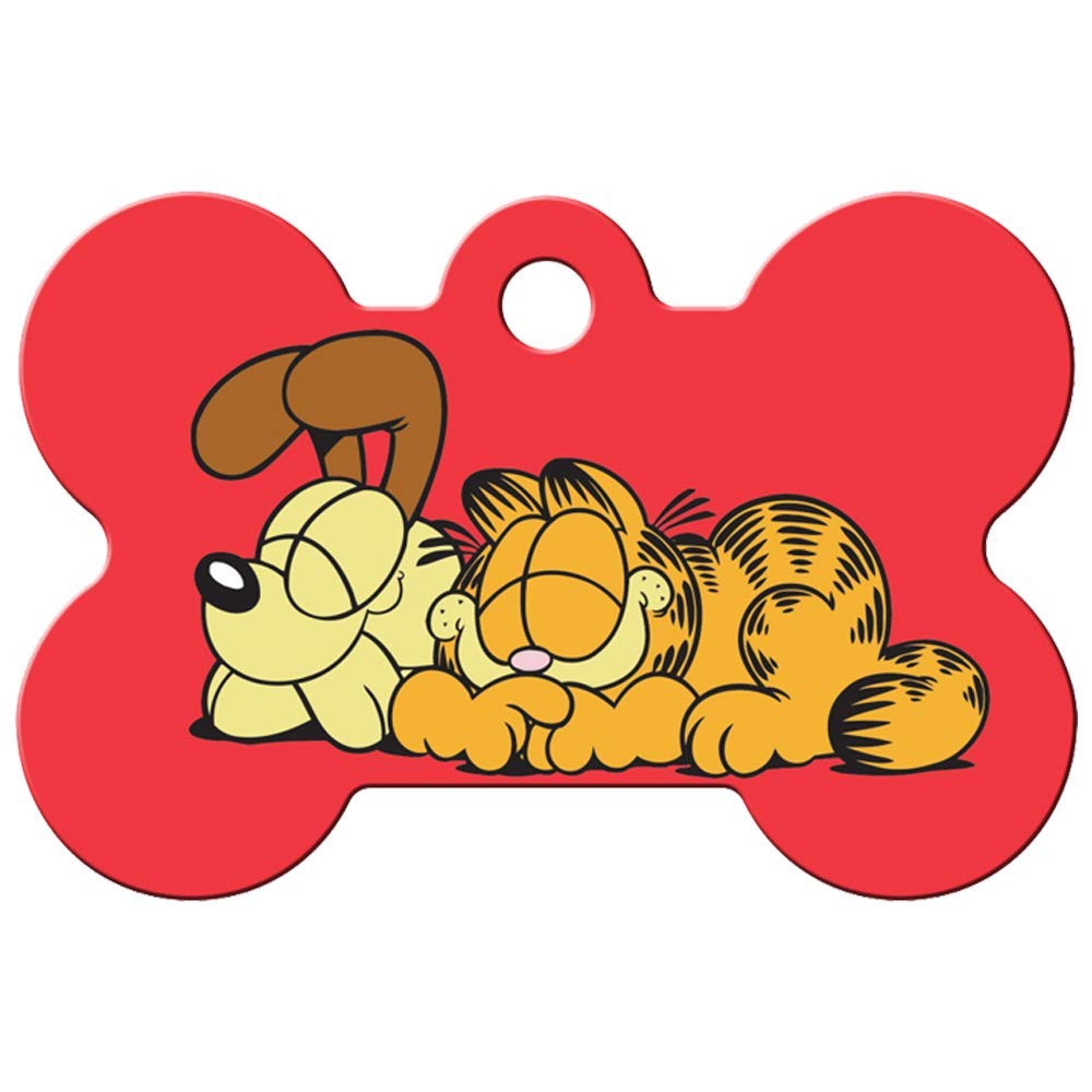 Front view of Garfield & Odie Dog ID Tag showcasing the red bone shape and Garfield and Odie together on a white background