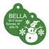 Front and back of green Christmas dog ID tag showing snowman design and sample engraved contact info on white background