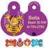 Front and back view of Garfield & Odie dog tag showing purple Garfield illustration and laser-engraved name and phone on white background
