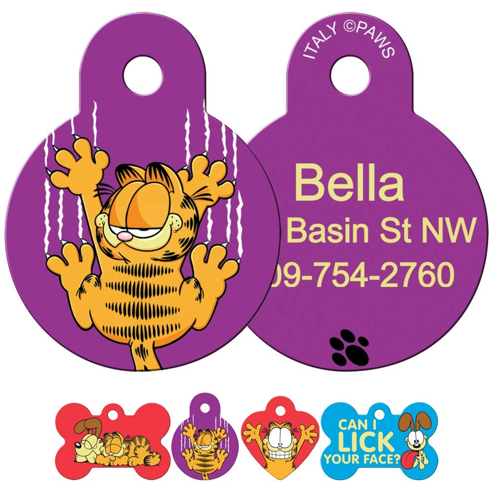 Front and back view of Garfield & Odie dog tag showing purple Garfield illustration and laser-engraved name and phone on white background