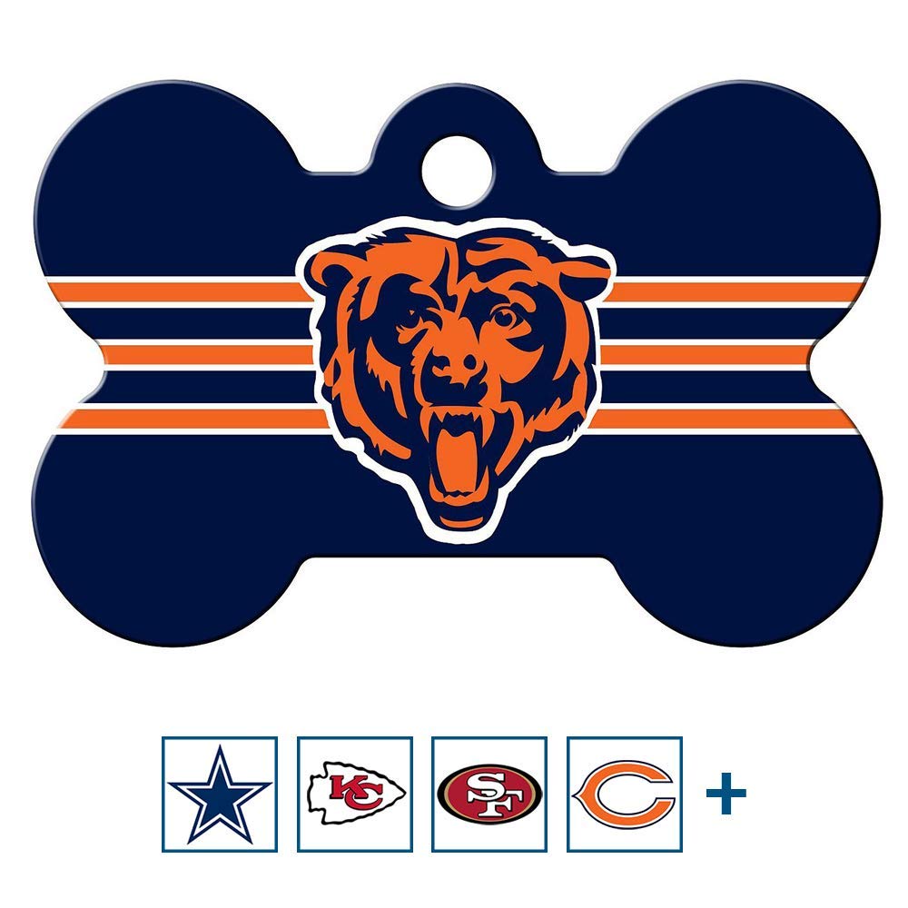 Front view of brass bone dog ID tag showcasing Chicago Bears logo and orange stripes on a navy background