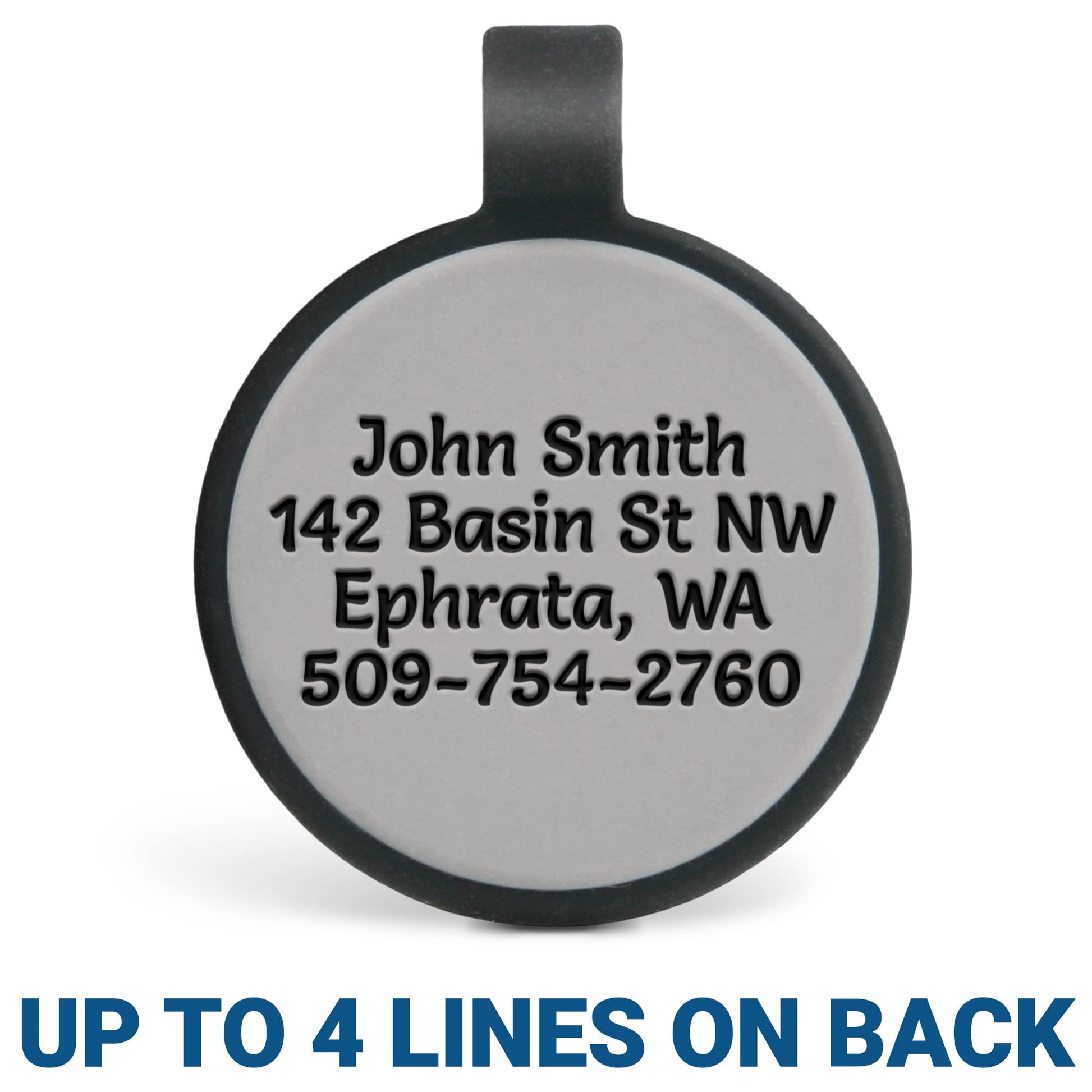 Close-up of Silent Silicone Funny Dog ID Tag showing engraved name and black loop on white background
