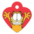 Front of heart-shaped Garfield dog ID tag showing smiling Garfield on red enamel, brass tag about 1.5 x 1 inches
