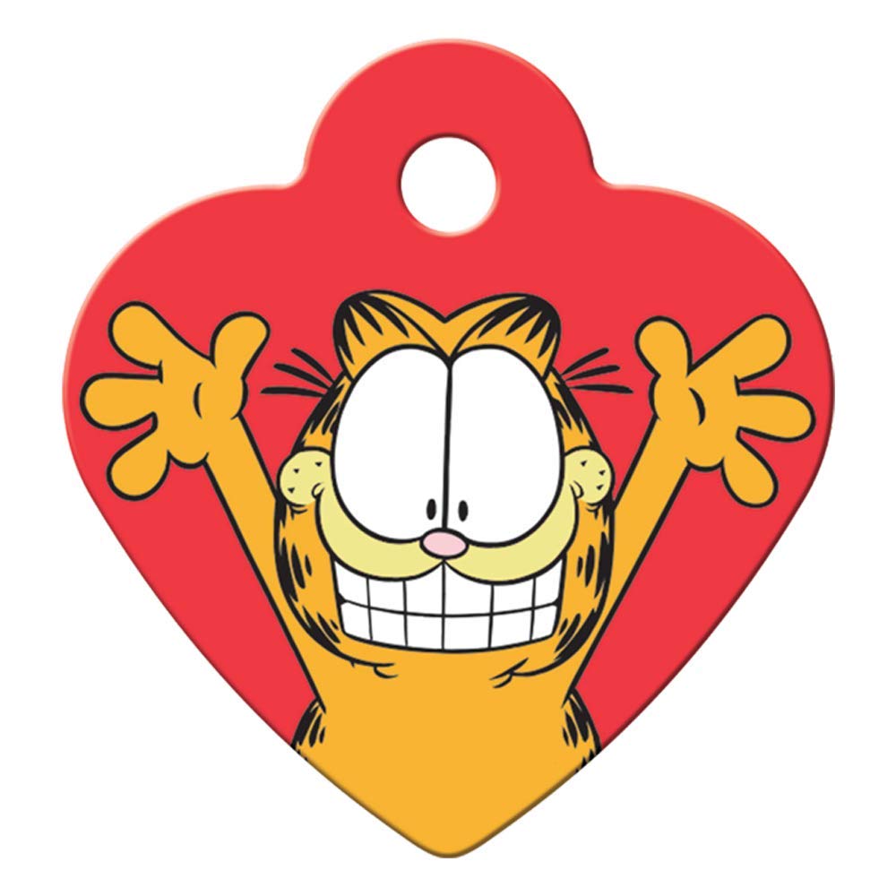 Front of heart-shaped Garfield dog ID tag showing smiling Garfield on red enamel, brass tag about 1.5 x 1 inches