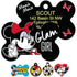 Front and back of Mickey & Minnie Mouse dog ID tags with Minnie artwork, Glam Girl text, sample engraved contact info and multiple shape options