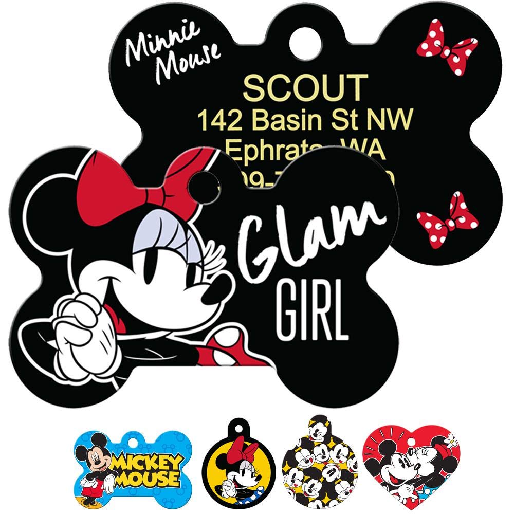 Front and back of Mickey & Minnie Mouse dog ID tags with Minnie artwork, Glam Girl text, sample engraved contact info and multiple shape options