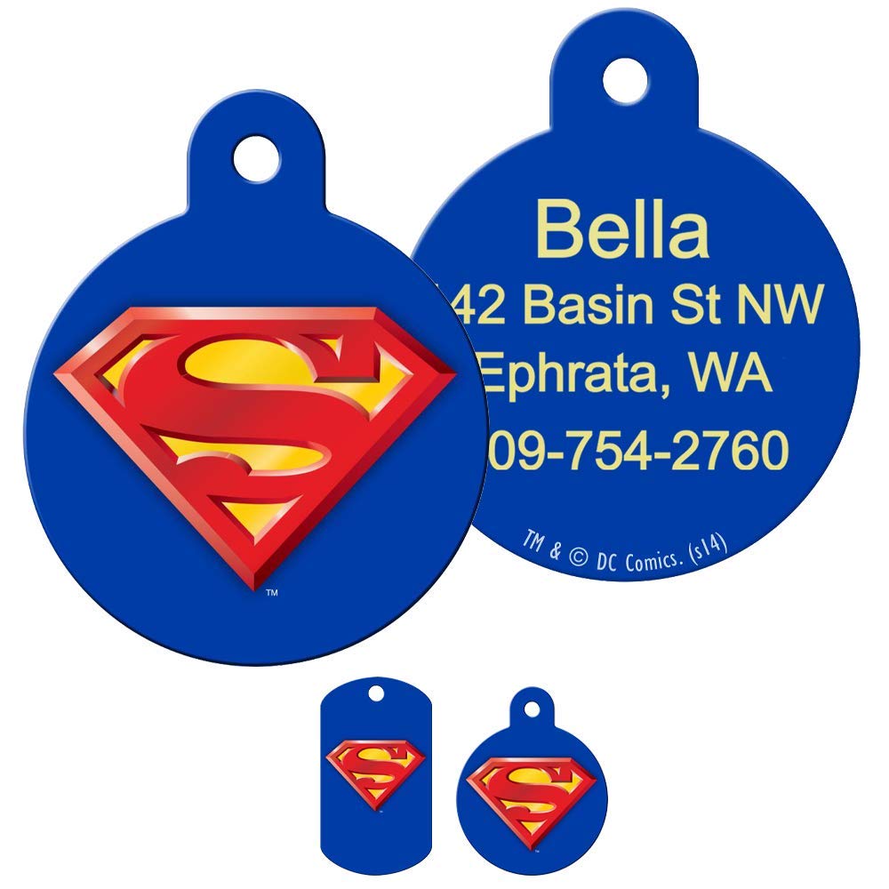 Front and back of Superman dog ID tags showing red and yellow S shield and sample engraved contact info on blue background
