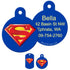 Front and back of Superman dog ID tags showing red and yellow S shield and sample engraved contact info on blue background
