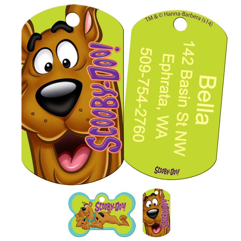 Front and back of Scooby-Doo dog ID tag showing colorful Scooby-Doo artwork and sample laser-engraved name and address on lime green background