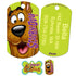 Front and back of Scooby-Doo dog ID tag showing colorful Scooby-Doo artwork and sample laser-engraved name and address on lime green background