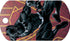 Angled view of Black Panther dog ID tag showing Wakanda artwork and ring hole on red patterned background, 2 x 1 inch