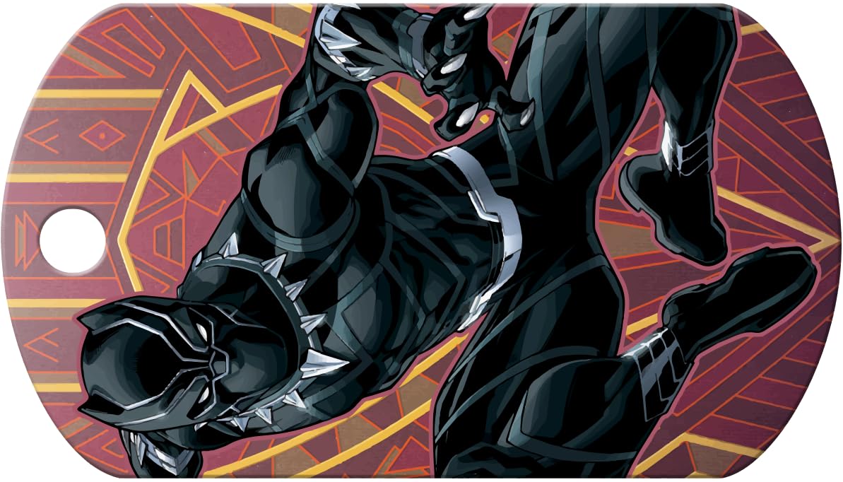 Angled view of Black Panther dog ID tag showing Wakanda artwork and ring hole on red patterned background, 2 x 1 inch