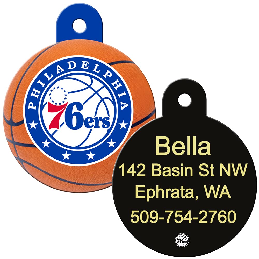 Front and back of NBA round brass dog ID tag with Philadelphia 76ers UV logo and engraved sample name/address on black back