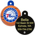 Front and back of NBA round brass dog ID tag with Philadelphia 76ers UV logo and engraved sample name/address on black back