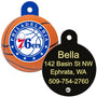 Front and back of NBA round brass dog ID tag with Philadelphia 76ers UV logo and engraved sample name/address on black back