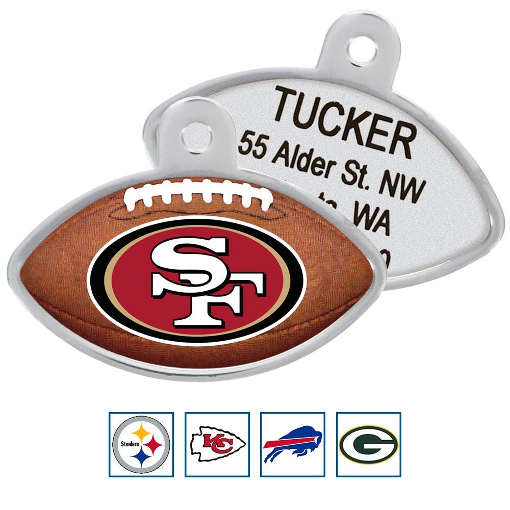 Front and back view of NFL football-shaped dog ID tag showing San Francisco 49ers logo and example engraving ‘TUCKER’
