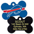 Front and back of NFL brass bone dog ID tag with Buffalo Bills logo and engraved info, 1 x 1.5 inches, white background