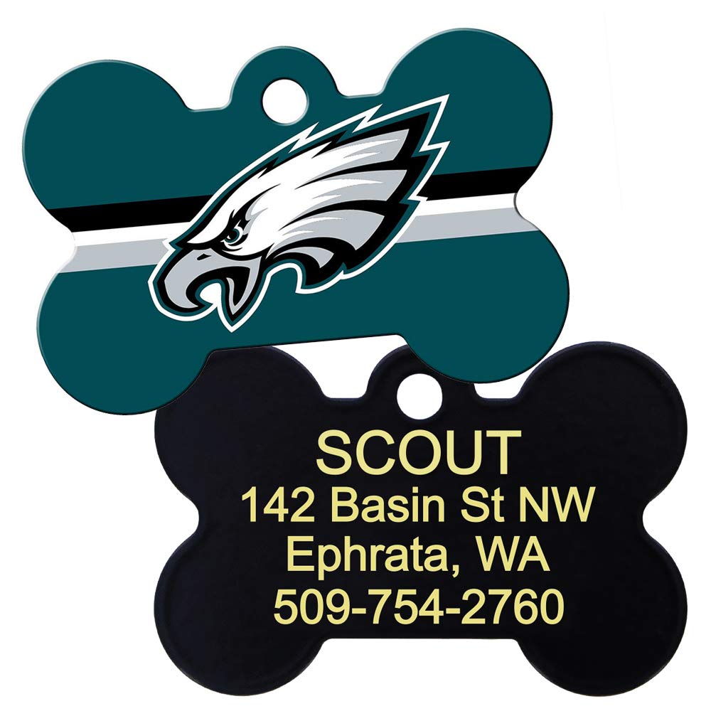GoTags Personalized Brass Metal Bone Shape Pet ID Tag Engraved with Name and Custom Text, Every NFL Football Team Pet Apparel (Large)