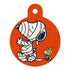 Front view of Halloween Snoopy dog ID tag showing mummy-wrapped Snoopy and Woodstock on orange background, hole for split ring