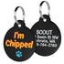 Close-up of two black acrylic dog ID tags with colorful ‘I’m chipped’ front, white personalized back text, silver split rings