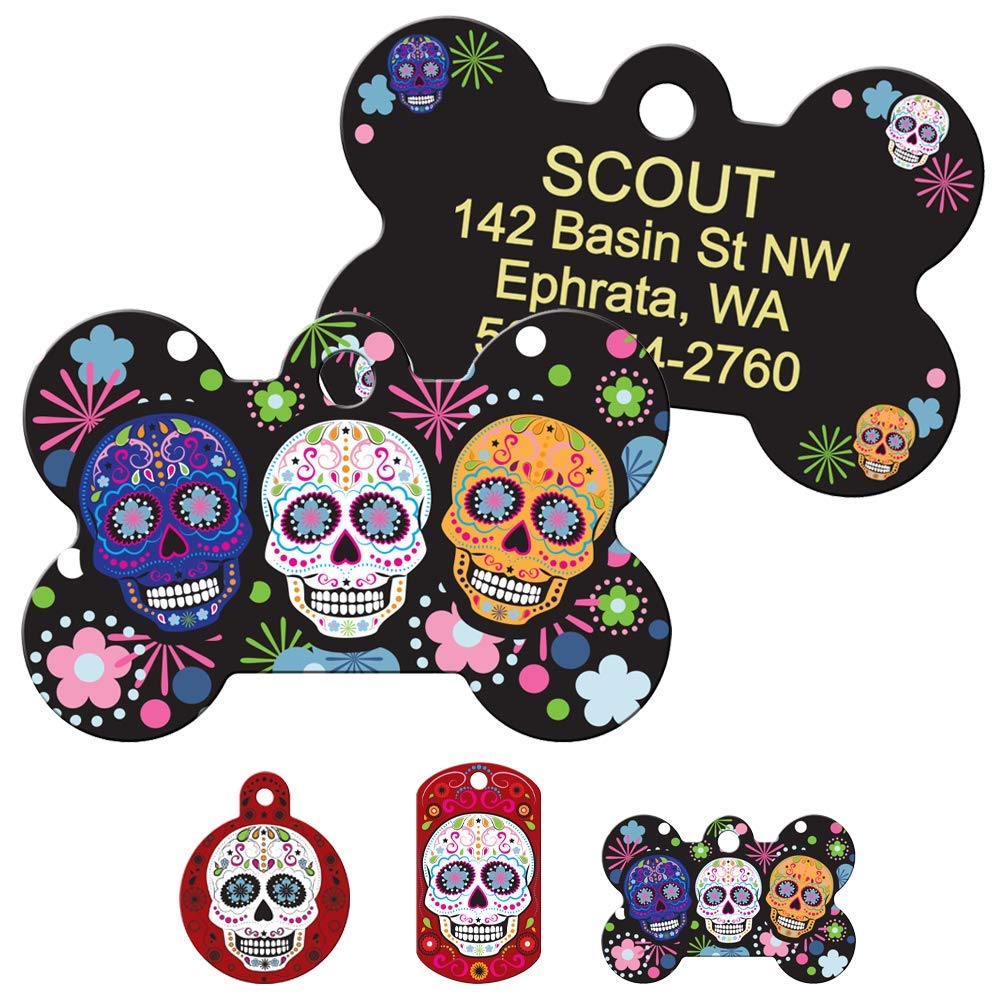 GoTags Day of the Dead Personalized Dog Tags, Skull, Halloween Pet ID Tags with up to 4 Lines of Custom Text