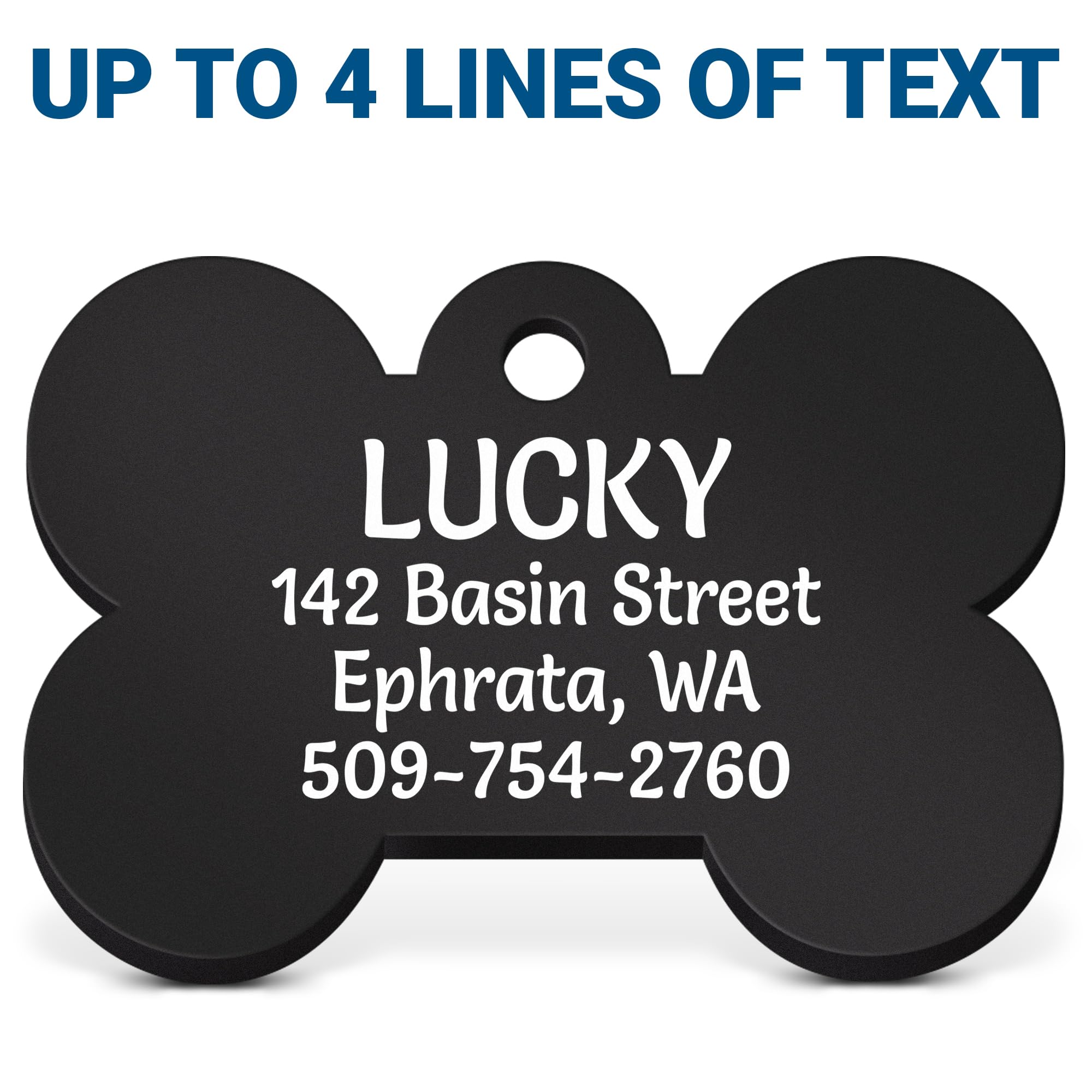 Front close-up of a black acrylic dog ID tag with banner text UP TO 4 LINES OF TEXT showing LUCKY headline and sample address