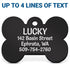 Front close-up of a black acrylic dog ID tag with banner text UP TO 4 LINES OF TEXT showing LUCKY headline and sample address